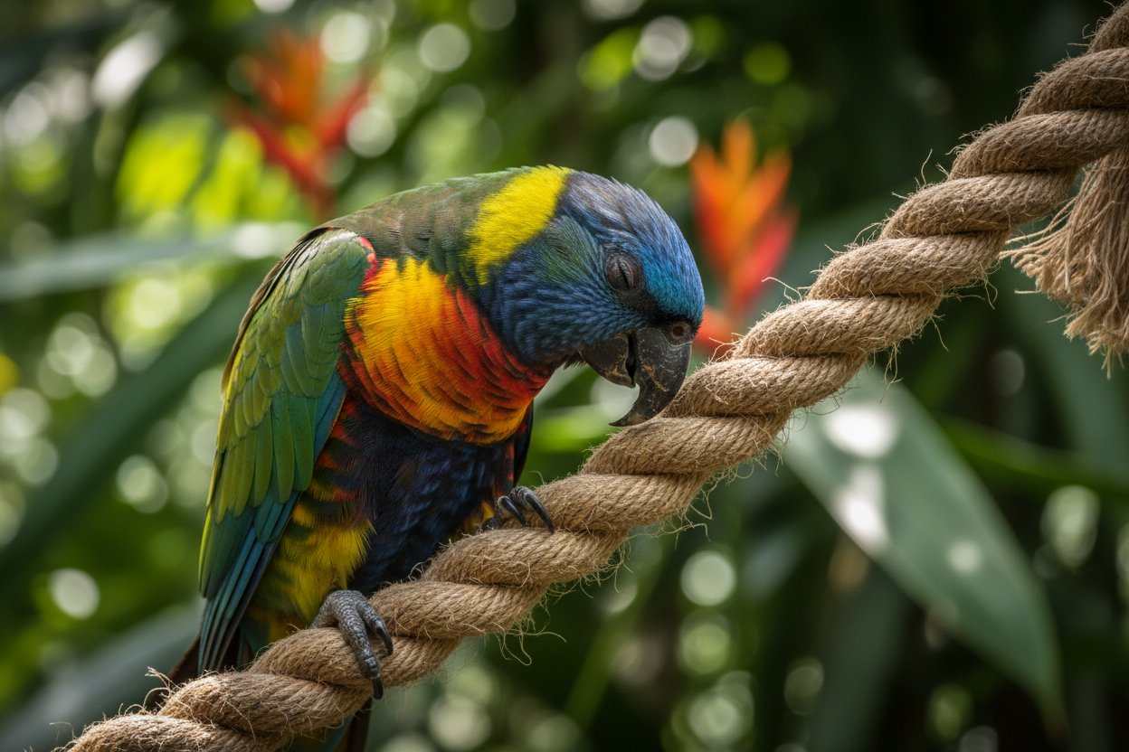 Bird rubbing beak on rope perch